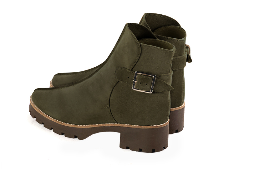 Khaki green women's ankle boots with buckles at the back. Round toe. Low rubber soles. Rear view - Florence KOOIJMAN